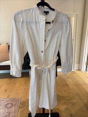 Who What Wear White Button-Front Shirt Dress with Tie Waist and Puff Sleeves